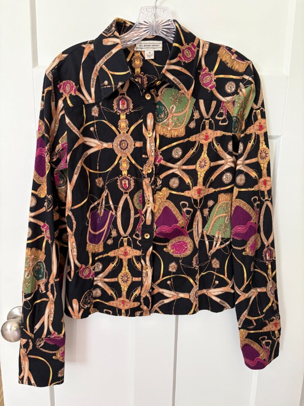 St. John Sport Womens S Equestrian Scarf Print Button Shirt Black Gold Baroque